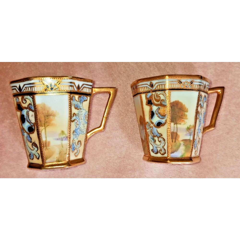 Antique Nippon Hand Painted Porcelain Morimura Moriage Tree Chocolate Cups Gold